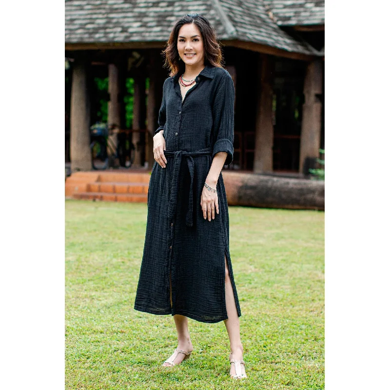 Women’s button-down dresses for casual style -Novica Handmade Street Smarts In Black Cotton Shirtwaist Dress