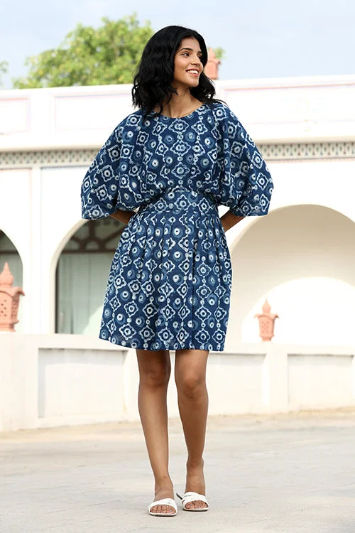 Women’s drop-waist dresses for vintage style -Okhai "Agatha" Handblock Printed Pure Cotton Indigo Dress