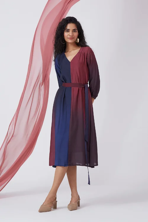 Women’s ruffle hem dresses for playful touch -Okhai 'Dusky Sky' Ombre V-Neck Modal Silk Dress