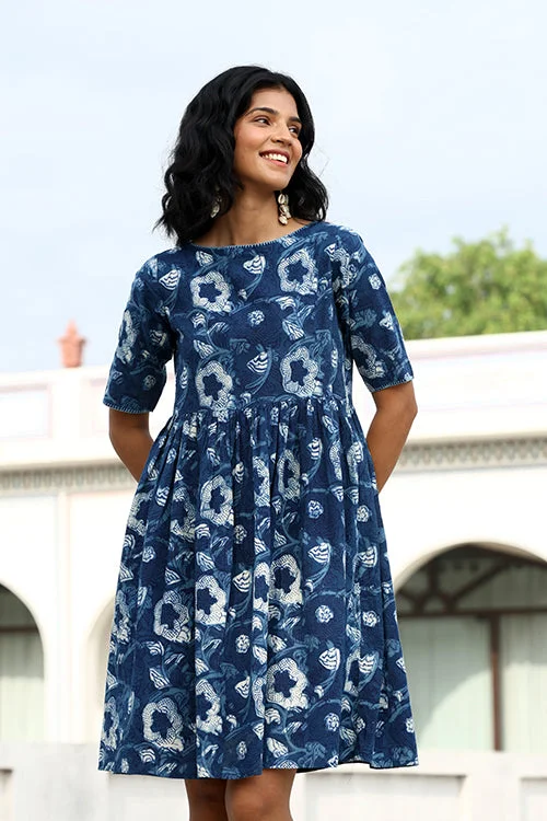 Women’s chevron dresses for bold patterns -Okhai "Indira" Hand-Embroidered Pure Cotton Indigo Dress