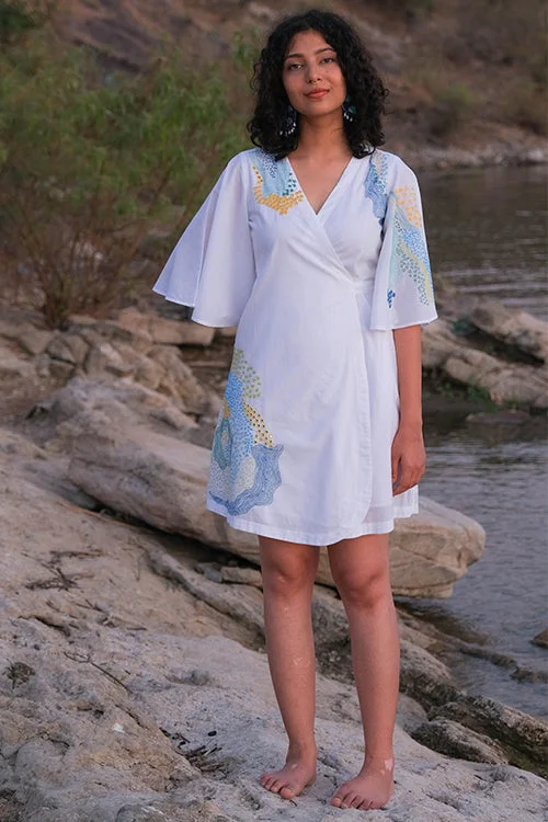 Women’s fitted bodycon dresses for special occasions -Okhai 'Pool' Pure Cotton Hand Embroidered Mirror Work Wrap Dress