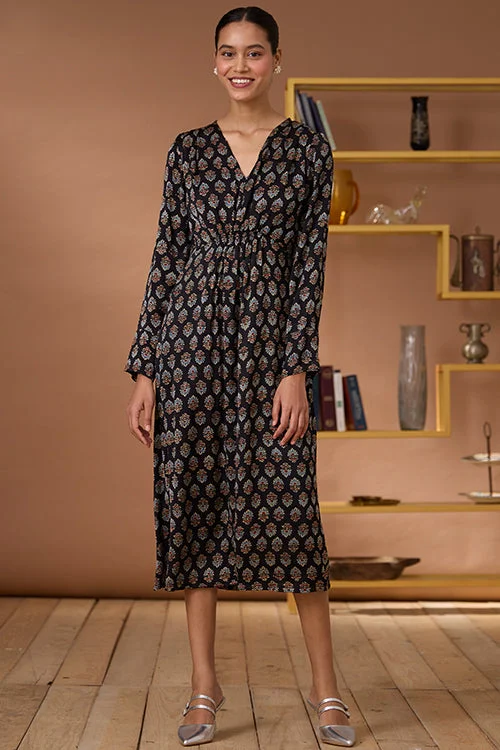 Women’s tropical print dresses for vacation style -Okhai "Royal Topaz" Handblock Printed Modal Ajrakh V-neckline Dress