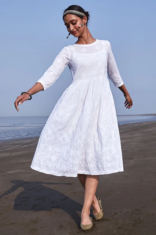 Women’s knee-length dresses for smart-casual wear -Okhai 'Shanza' Pure Cotton Chikankari Embroidered Dress