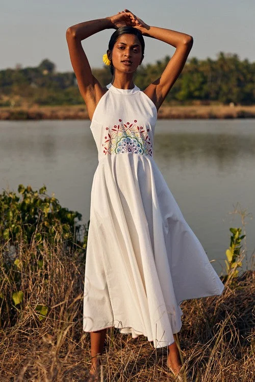 Women’s ruffled dresses for feminine flair -Okhai 'Panorama' Hand Embroidered Mirror Work Pure Cotton Dress