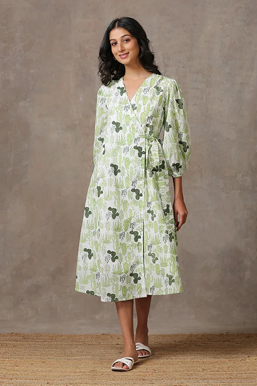 Women’s midi wrap dresses for elegant style -Okhai 'Prickly Pear' Pure Cotton Hand Block Printed Dress