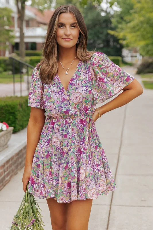 Women’s asymmetrical dresses for modern look -Purple Floral Print Surplice Mini Dress - FINAL SALE