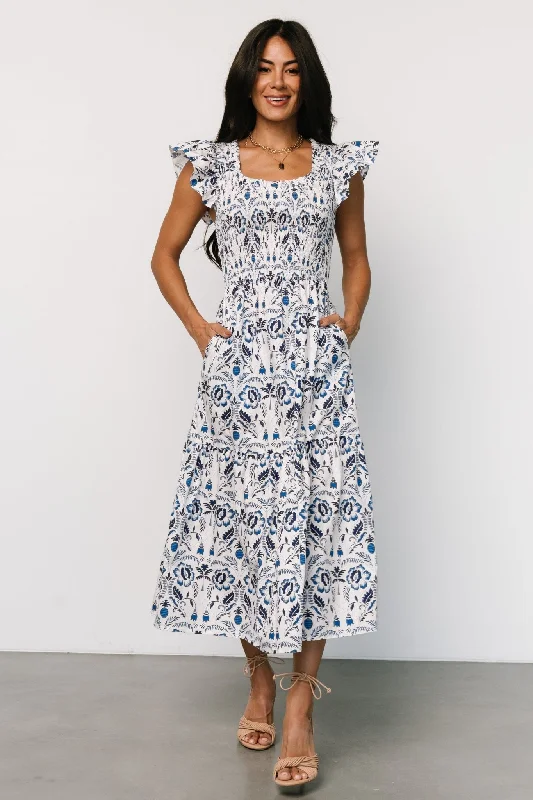 Women’s shift style dresses for relaxed elegance -Rhodes Smocked Dress | White + Blue Print