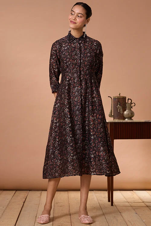 Women’s velvet dresses for luxurious style -Okhai "Rosalie" Hand Embroidered Handblock Printed Chanderi Silk Ajrakh Collared Dress