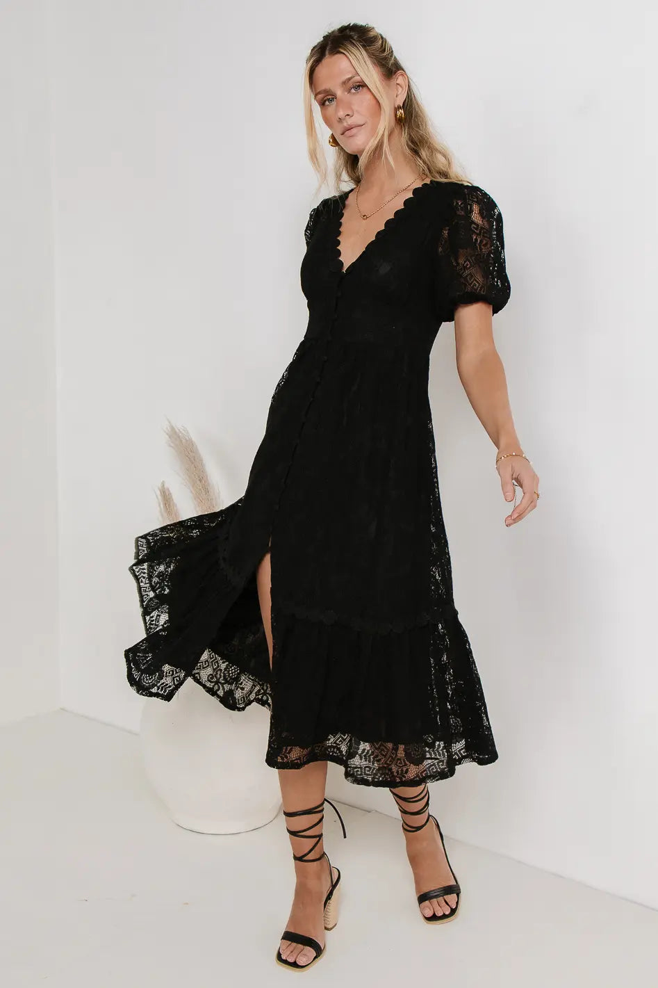 Women’s long-sleeve dresses for cooler weather -Rowan Lace Dress in Black - FINAL SALE