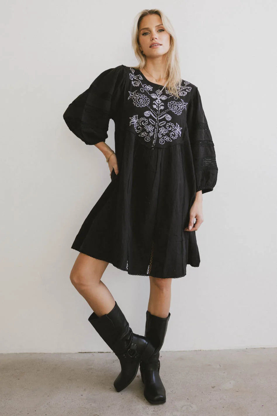 Women’s puff sleeve dresses for dramatic style -Serendipity Embroidered Dress in Black