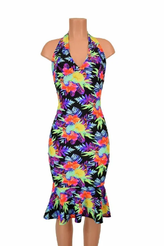 Women’s casual dresses for everyday wear -Sonic Bloom Ruffled Halter Wiggle Dress