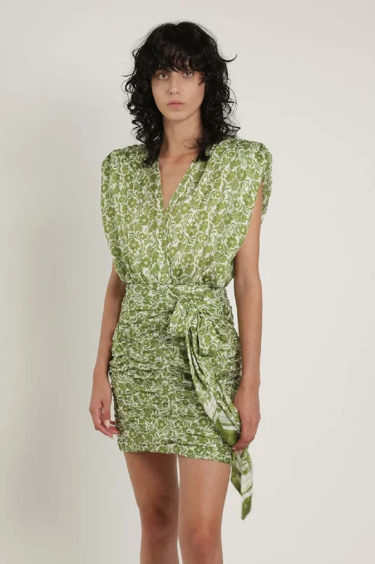 Women’s wrap dresses for flattering silhouette -Sony Sleeveless Mini Dress W. V-neckline Green Print Floral