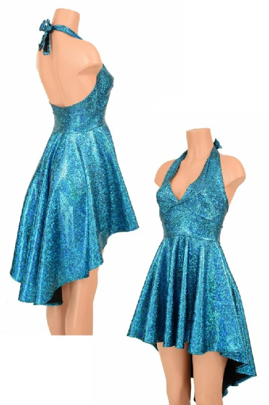 Women’s sequin dresses for glamorous events -Turquoise Shattered Glass Hi Lo Halter Skater Dress