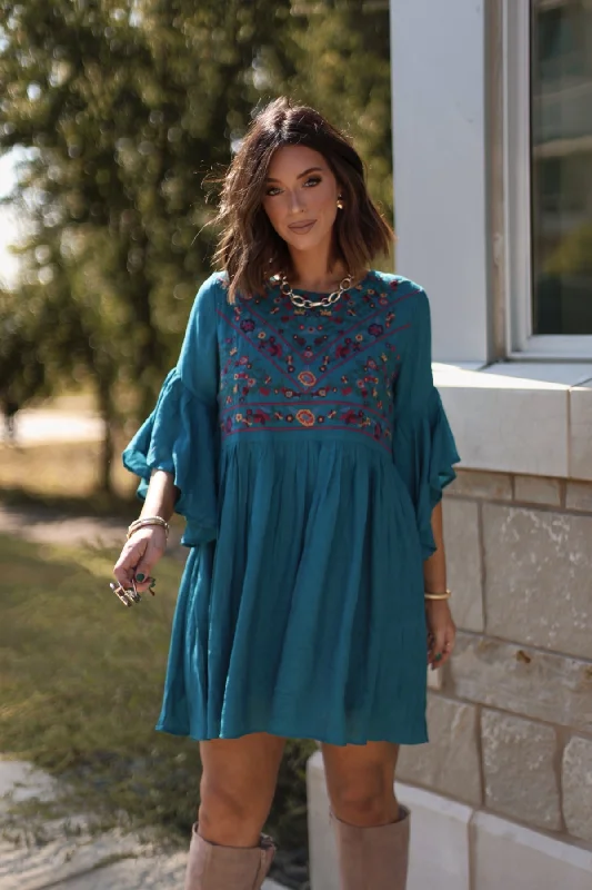 Women’s chevron dresses for bold patterns -Whimsical Teal Floral Embroidered Mini Dress - FINAL SALE