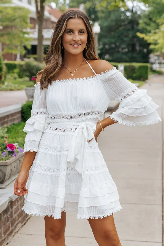 Women’s empire waist dresses for flattering fit -White Lace Ruffled Mini Dress - FINAL SALE