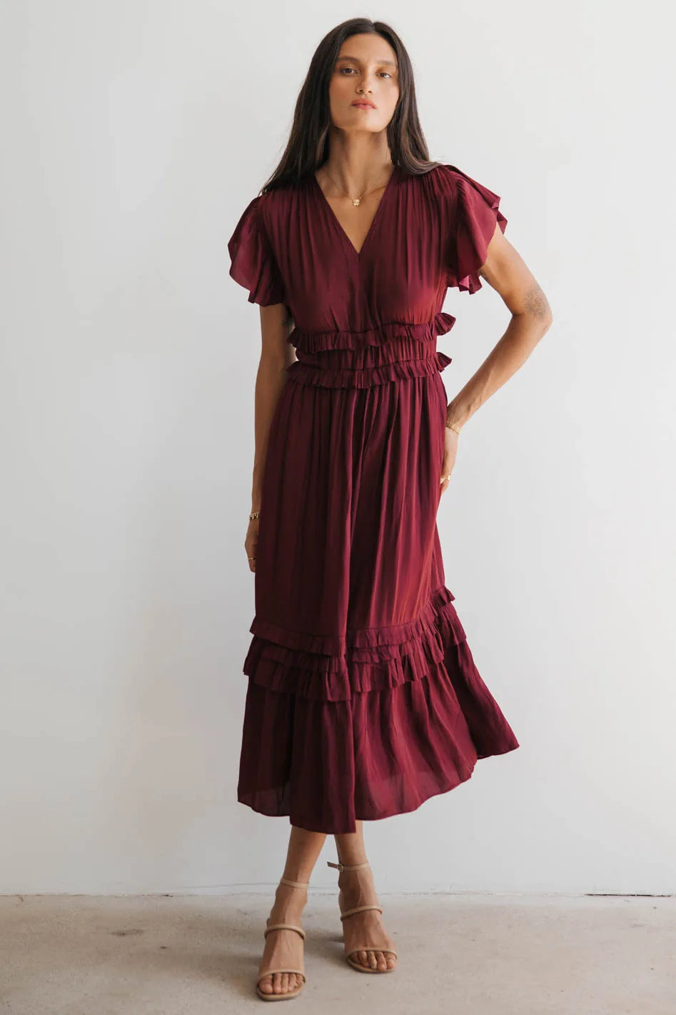 Women’s ruffle hem dresses for playful touch -Willa Ruffle Dress in Burgundy