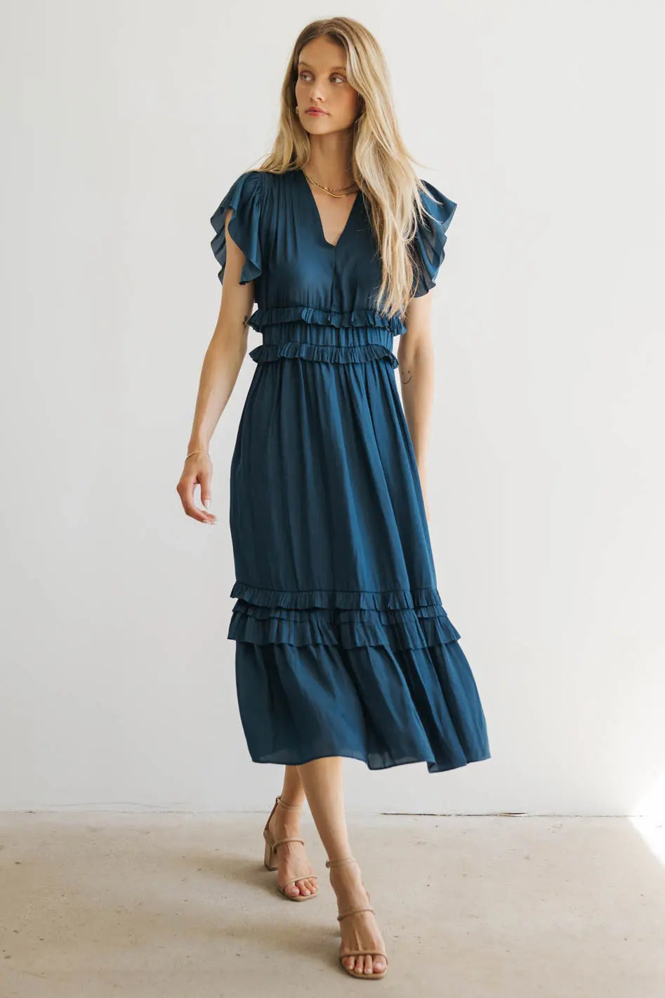 Women’s casual midi dresses for everyday wear -Willa Ruffle Dress in Teal