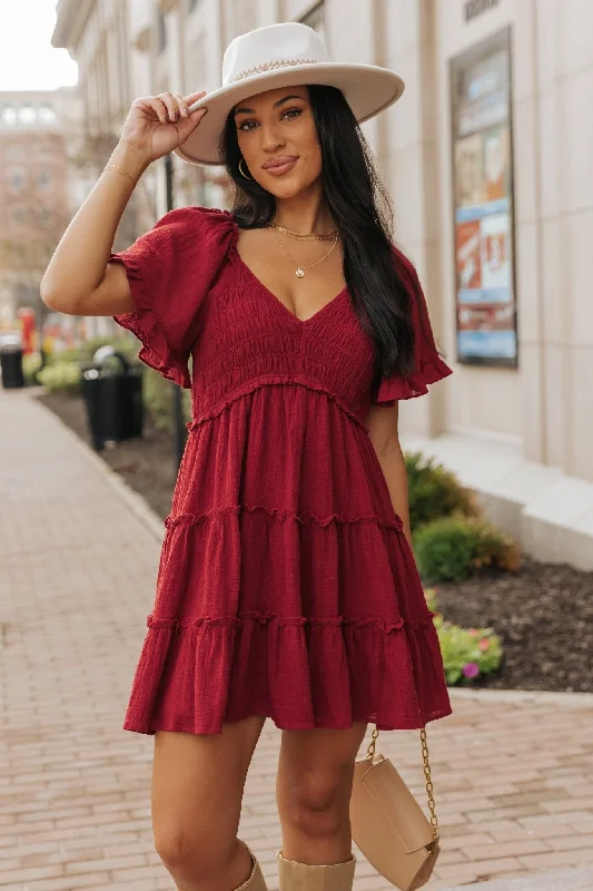 Women’s cotton dresses for breathable wear -Wine Babydoll Smock Tiered Mini Dress - FINAL SALE