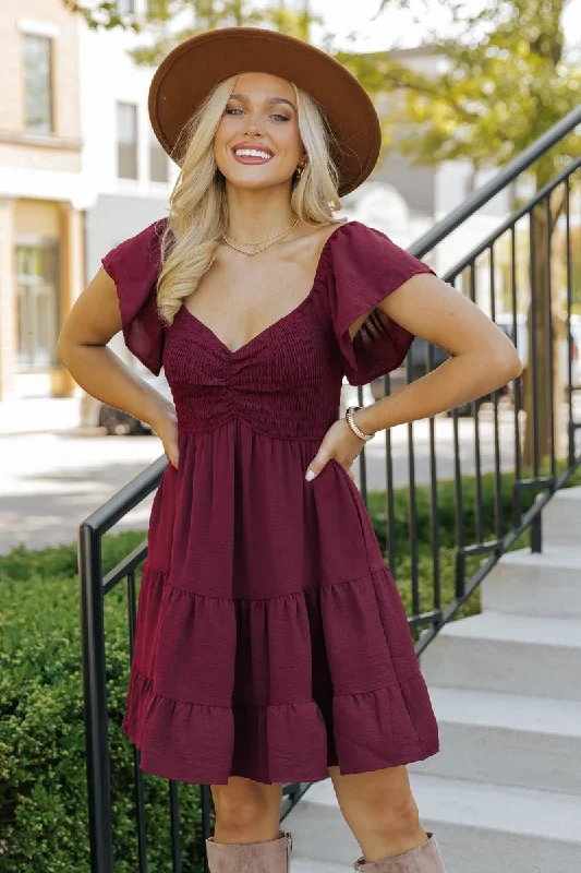 Women’s sleeveless dresses for summer fashion -Wine Sweetheart Tiered Mini Dress - FINAL SALE