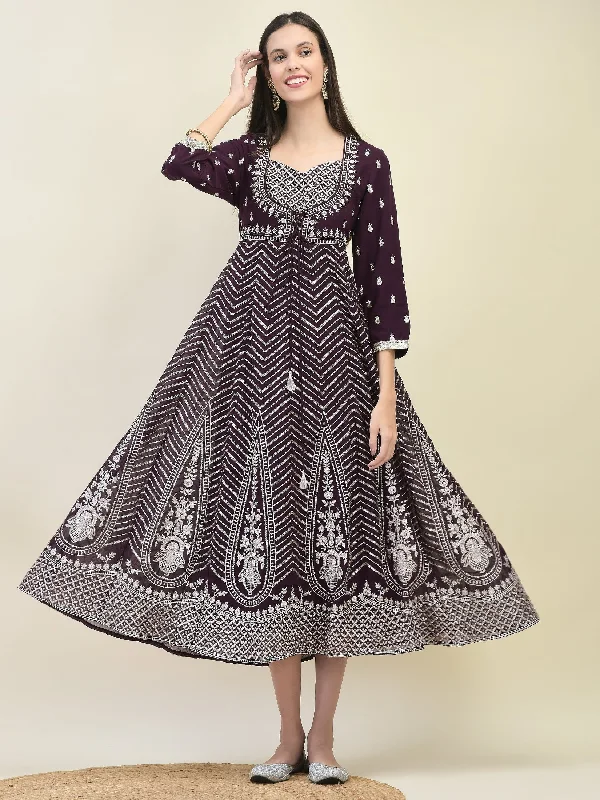 Women’s casual dresses for everyday wear -Women Georgette Purple Embroidered Dress