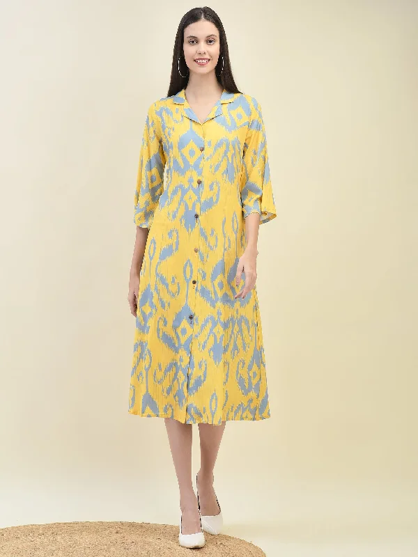 Women’s summer dresses for casual style -Women Liva Rayon Yellow Ikat Print Dress