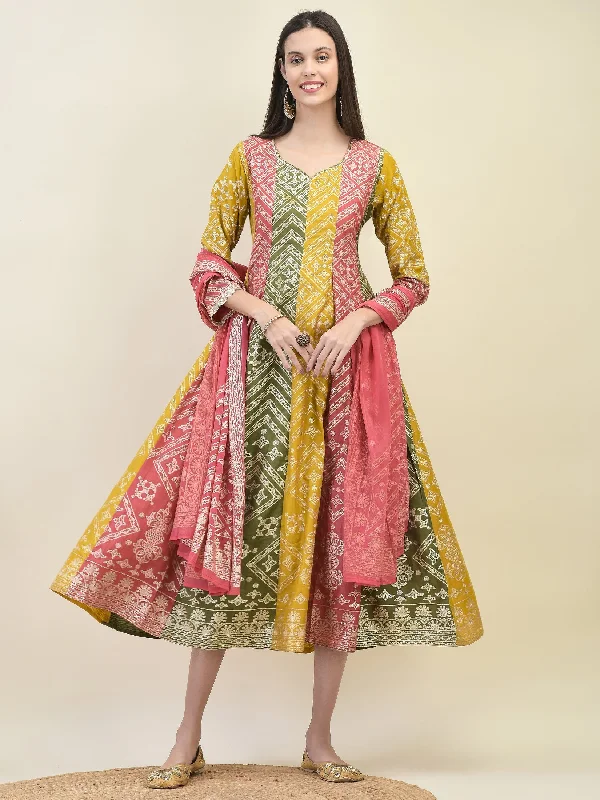 Women’s a-line dresses for classic silhouette -Women Silk Multicolor Ornamental Print Dress With Dupatta